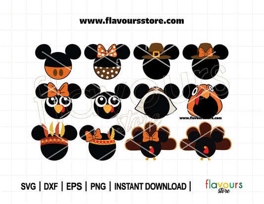 Mouse Thanksgiving Ears Bundle SVG, Mouse Head Png, Thanksgiving Svg, Mouse Turkey, Pilgrims Ears, Cut Files for Cricut