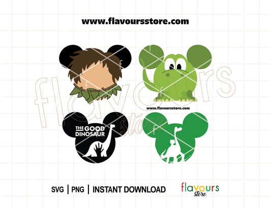 Good Dinosaur mouse ears SVG bundle featuring Arlo and Spot baby dinosaur designs for Cricut and Silhouette