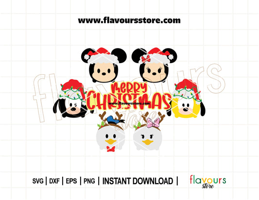 Tsum Tsum Christmas SVG design featuring stackable, kawaii-style Disney characters in festive holiday attire, perfect for Christmas shirts, mugs, and crafts with Cricut or Silhouette.