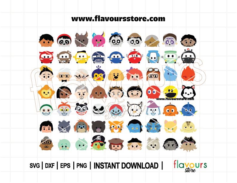 Adorable Tsum Tsum-style cute character SVG bundle with kawaii designs perfect for Cricut, Silhouette, t-shirts, stickers, and DIY gifts.