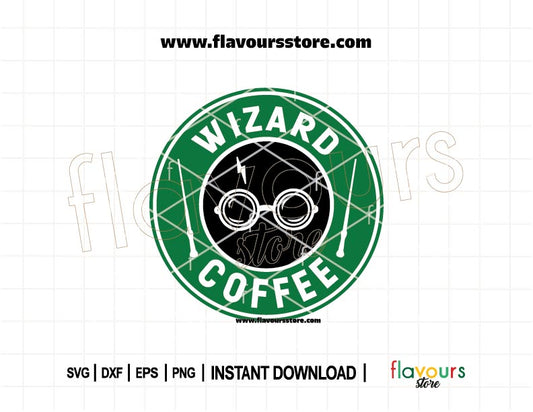 Harry Potter-inspired Wizard Coffee SVG cut file styled like a Starbucks logo, ideal for Cricut crafts and coffee tumblers.