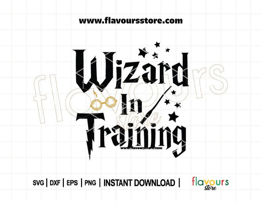 Magical “Wizard in Training” SVG design with whimsical symbols like stars, wand, and spell elements — perfect for Cricut projects and theme park outfits.
