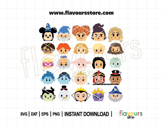 Tsum Tsum-style cute wizard characters SVG bundle for Cricut and Silhouette crafts like t-shirts, mugs, and party decor.