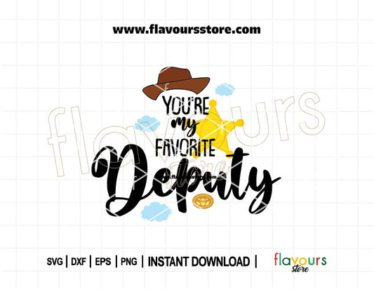Toy Story ‘You’re My Favorite Deputy’ SVG cut file with cowboy hat and sheriff badge for Cricut crafts.