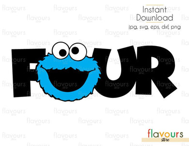 Four - Cookie Monster - Sesame Street - Cuttable Design Files (Svg, Eps, Dxf, Png, Jpg) For Silhouette and Cricut - FlavoursStore